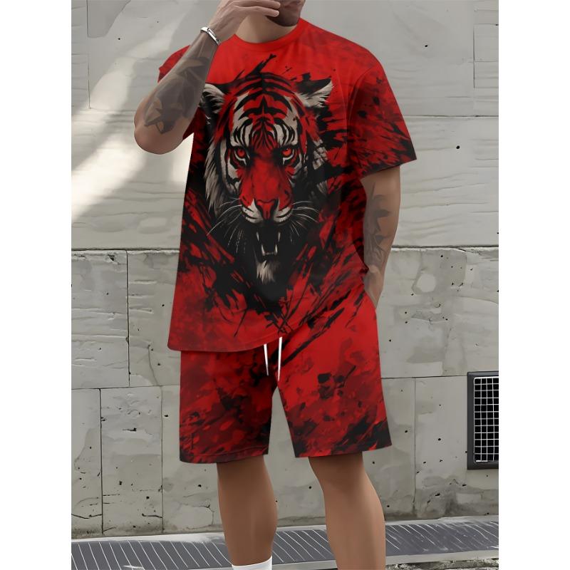 Fashionable Tiger Pattern Print Set Trendy Men'S Short-Sleeve Top with Shorts Two-Piece Set Casual Sports Style Comfortable And Breathable