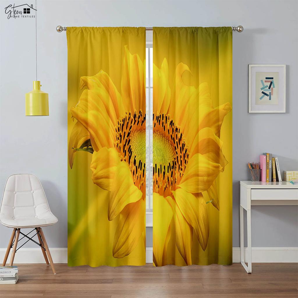 Vorhänge mit Sonnenblumendruck, Retro-Blumenmuster, geeignet für Schlafzimmer, Wohnzimmer, Balkon, dekorative Vorhänge, 2 Stück