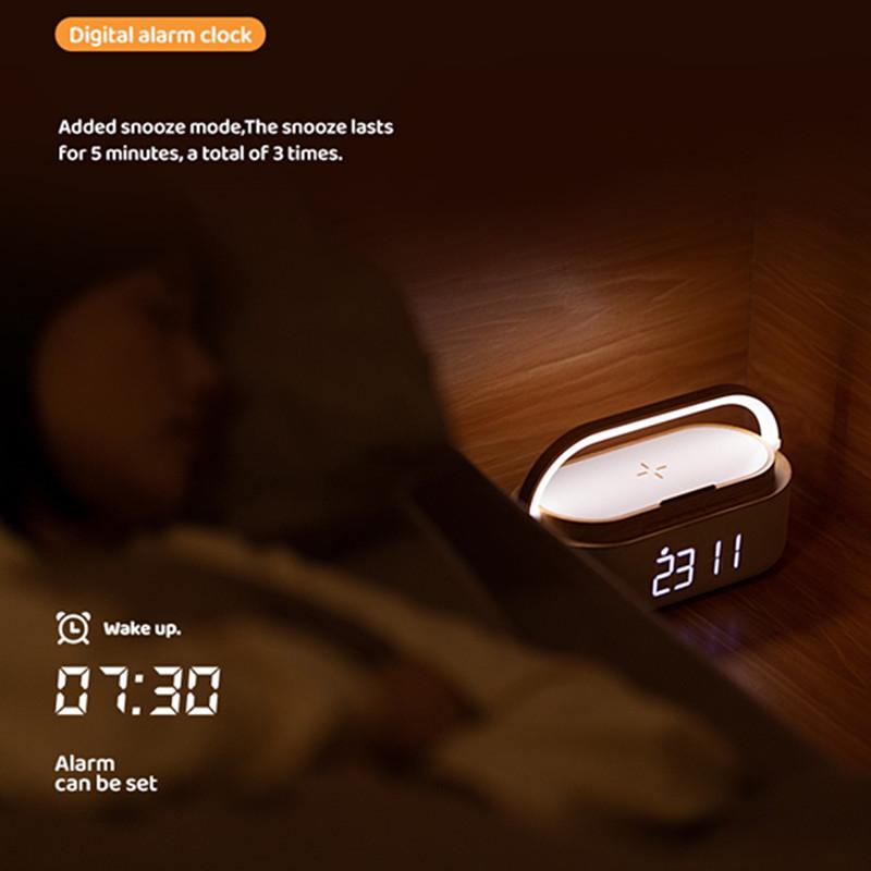 Alto-falante Bluetooth Multifuncional e Carregador Sem Fio com Despertador, Rádio e Lâmpada LED