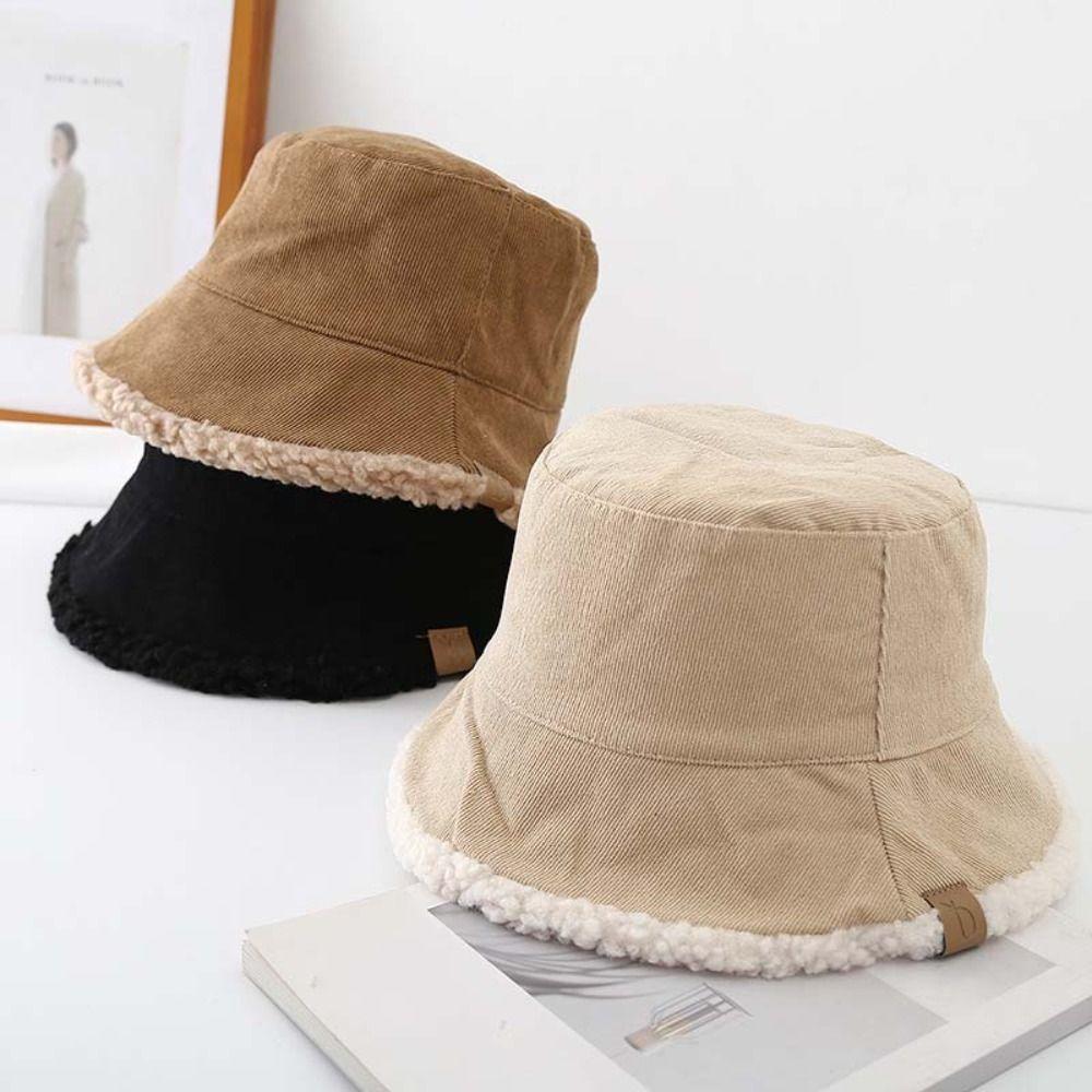 Sun Protection Lamb Wool Bucket Hat Simple Plush Fishman Hat Pure Color Warm Caps For Women