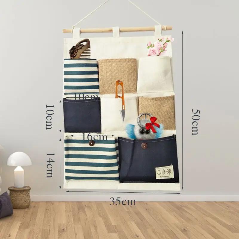 

1 шт. Подвесная сумка с несколькими карманами, полосатый хлопково-льняной органайзер для хранения, настенный органайзер для мелочей для дома, магазина синий