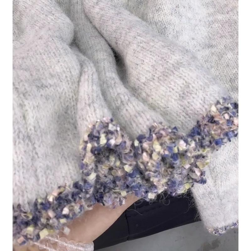 Design Sense Heavy Industry Beaded Mohair Soft Waxy Sweater Women's Autumn and Winter New Lazy Wind Crew Neck Knitted Sweater Top