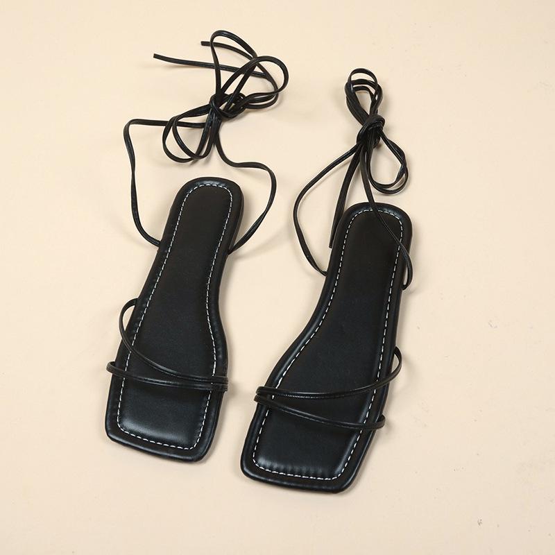 Sandales plates sexy à lacets et bout carré grande taille pour l'été 2023, Tailles femme 35-43