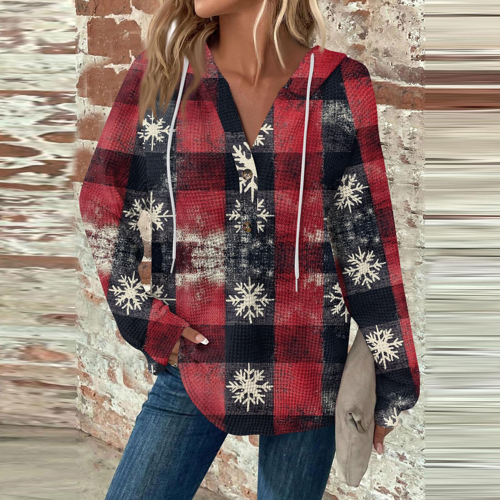 

Женская мода с длинным рукавом, завязками на шнурке, капюшоном, пуговицами, V-образным вырезом, повседневная толстовка с капюшоном и рождественским принтом XL