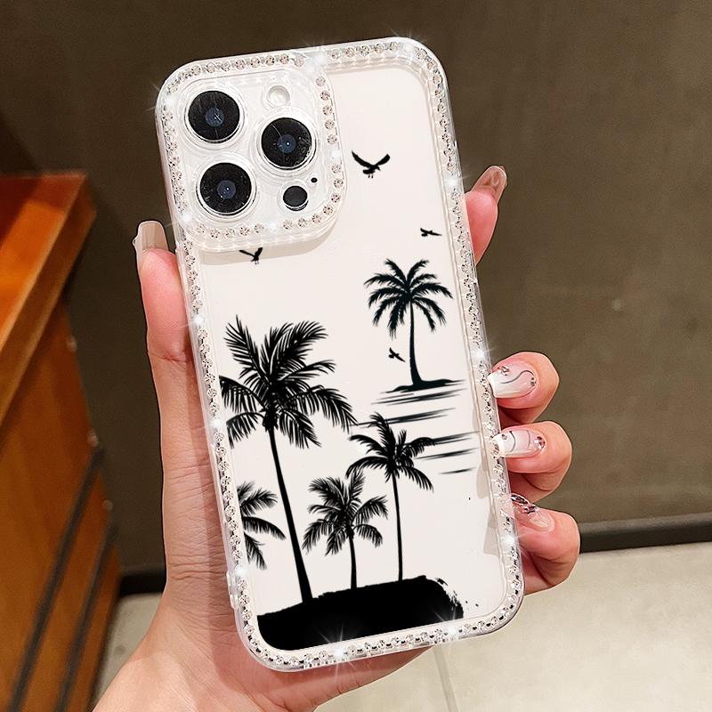For iPhone 16 16E 15 Pro Max 14 Pro 13 12 11 Case Diamond Frame Coconut Tree Print Clear Shockproof Lens Protection Soft Silicone Phone Cover Shell