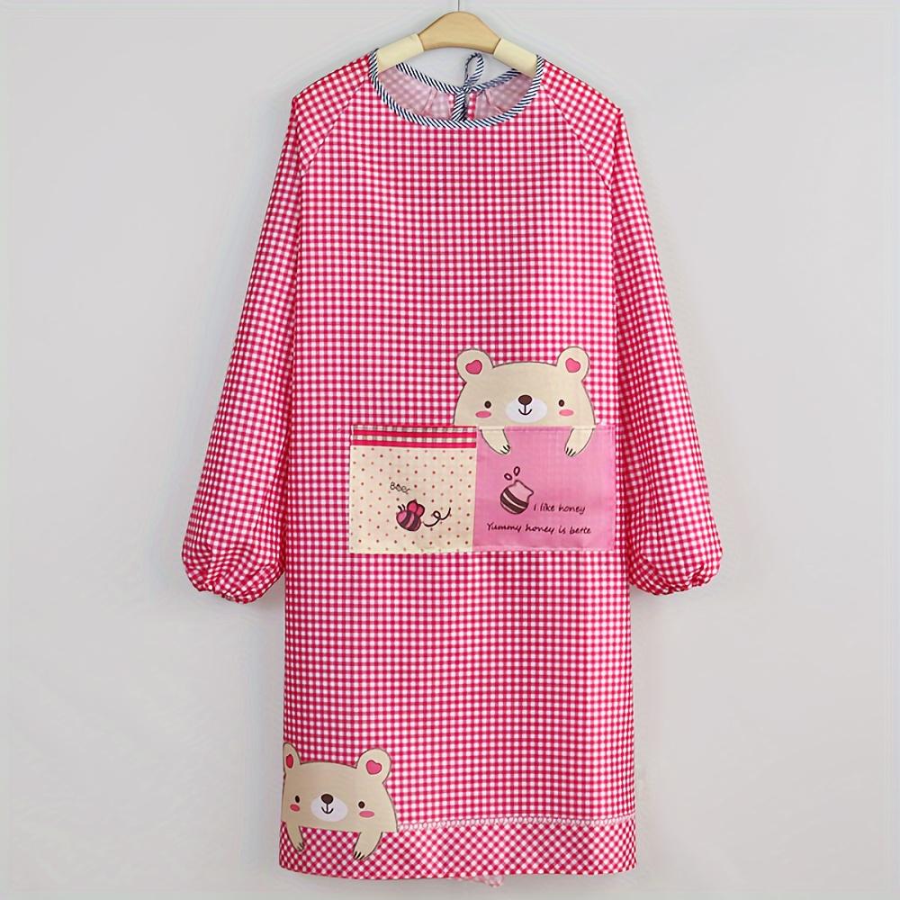 

1 шт. Милый кухонный фартук с дизайном медведя и карманами Дышащий полиэстер с длинными рукавами ярко-розовый