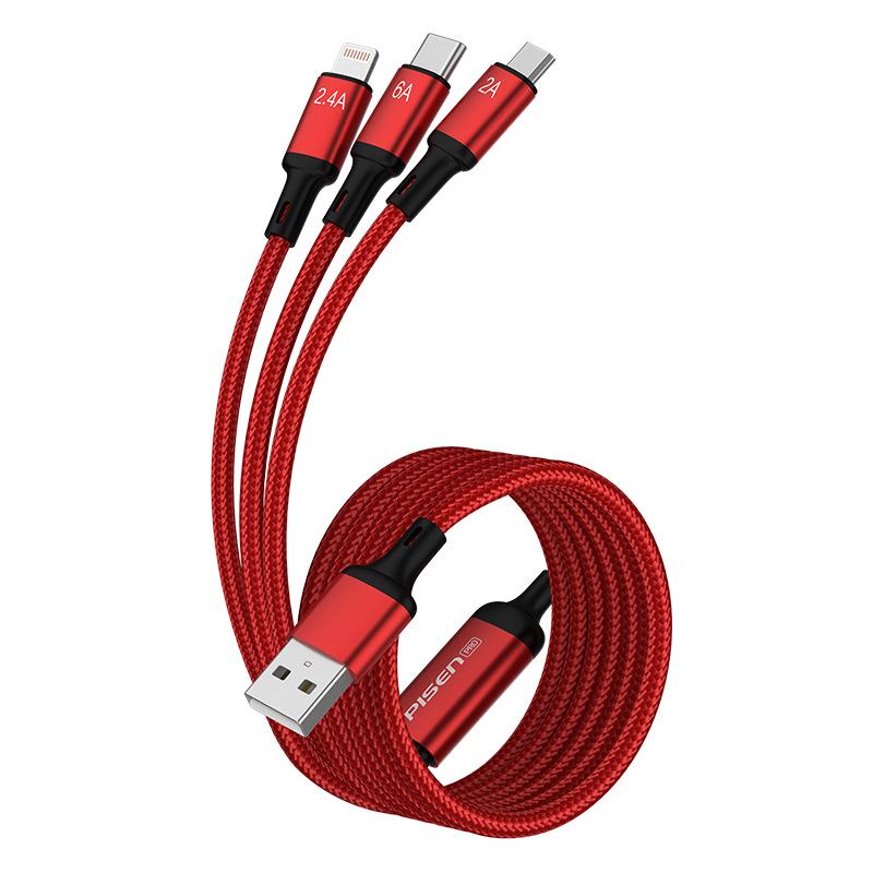 PISEN 6A Nylonový opletený 3v1 PD Superrychlý nabíjecí kabel