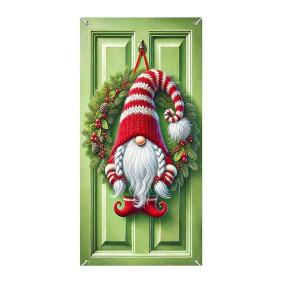 Christmas Door Cover Funny Santa Claus/Gnome/Snowman/Wreath Hanging Backdrop Door Banner 70" X 35" Winter Porch Sign for Home Yard Wall Decor