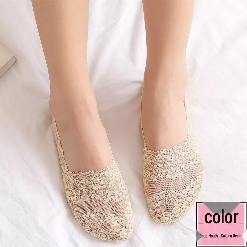 

Women s Cherry Blossom Lace No-Show Socks - Summer, Silicone Grip, Breathable, Invisible, Thin No Packaging