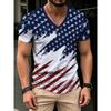 Men's V-Neck Short-Sleeve T-Shirt with Creative Blue, White, and Red Print, Slim Fit for Daily Casual Fashion and Layering