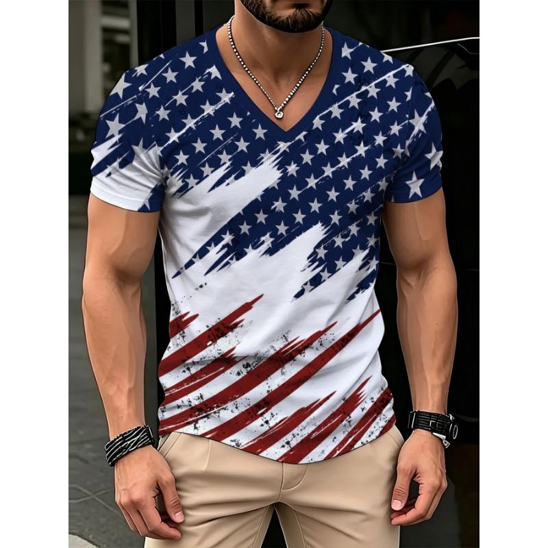 Men's V-Neck Short-Sleeve T-Shirt with Creative Blue, White, and Red Print, Slim Fit for Daily Casual Fashion and Layering