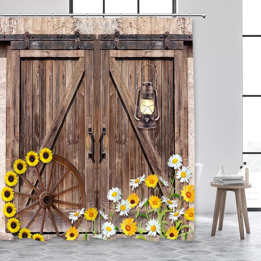 Farmhouse Shower Curtain, Bath Curtain Rustic Barn Door Wooden Western Country Sunflower Floral Fabric Bath Curtain with Hooks