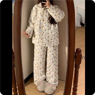 Air Quilted Pajamas Women's Winter Cute Puppy Cardigan Long-sleeved Thick Warm Home Service Suit Autumn and Winter