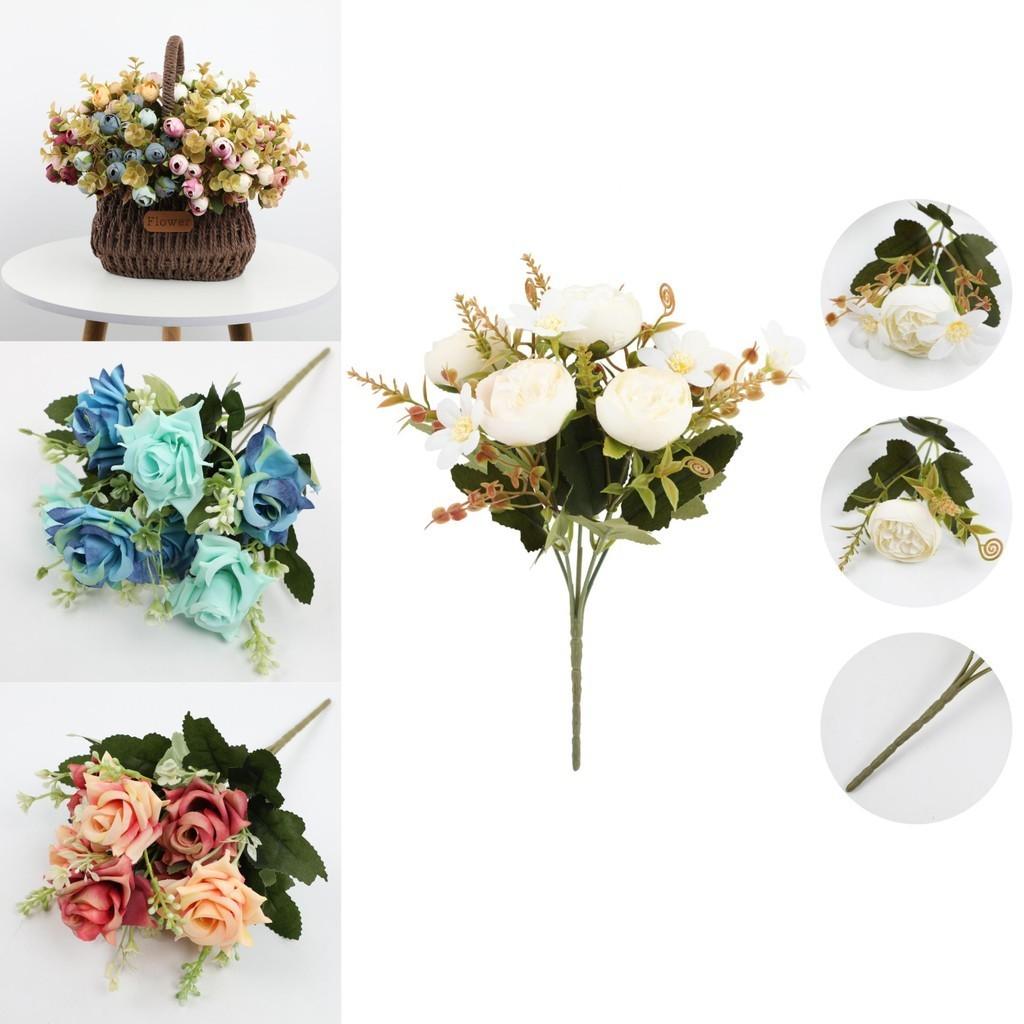 Realistisk Ros Pion Konstgjord Blomsterbukett För Hem Bröllop Hotell Dekoration Silkesmaterial