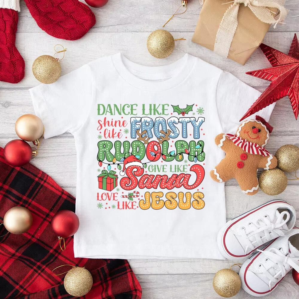 

Childrens Christmas Themed TShirt Casual Versatile Letter Print Top for Boys And Girls 4XL