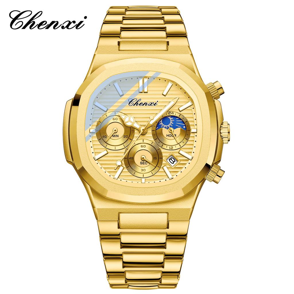 2025 Luxury Watch Men Business Fashion Waterproof Stainless Steel Chronograph Moon Phase Quartz Wristwatch Male Clock