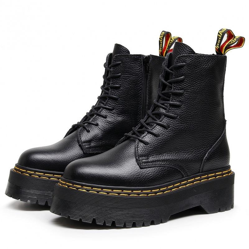 Litchi pattern thick bottom hole locomotive boots, side zipper British women's short boots, muffin bottom