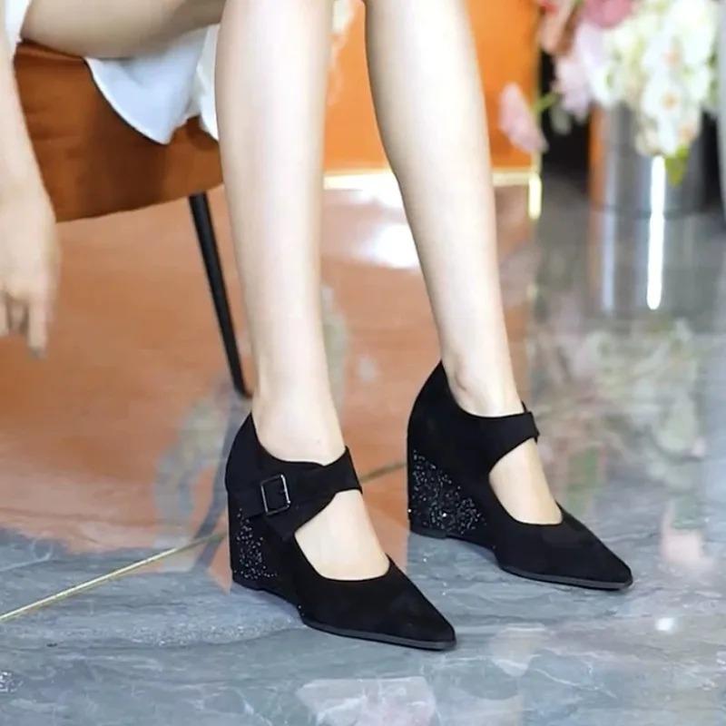 2025 New Wedges High Heels Sexy Women Shoes Autumn Designer Fashion Pointed Toe Women Shoe Suede Elegant Buckle Zapatillas Mujer