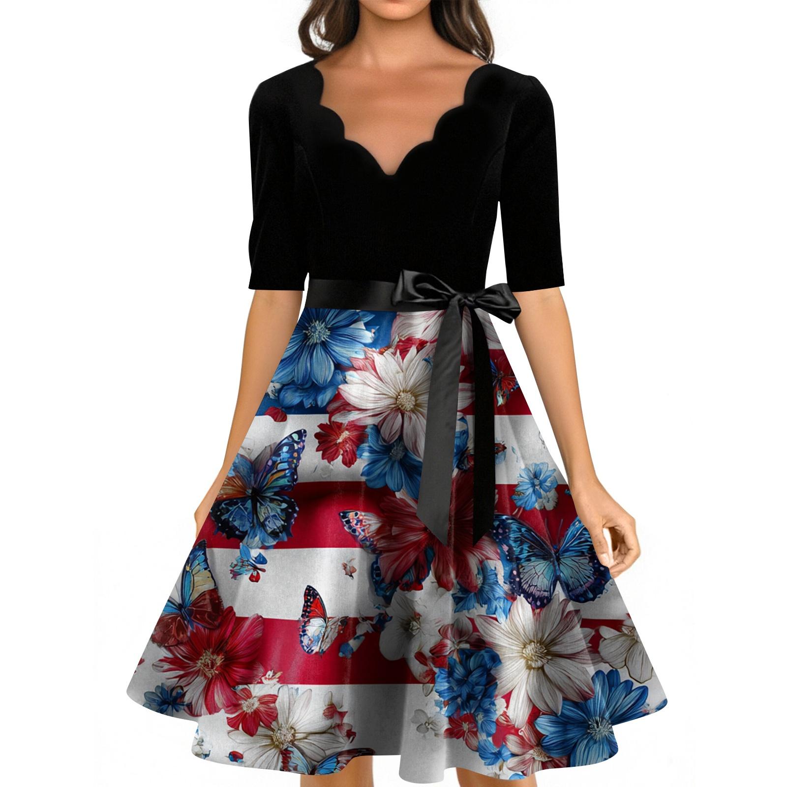 

Women s Casual Fashion V-neck Retro Short-sleeved Dress With Flag Independence Day Print S