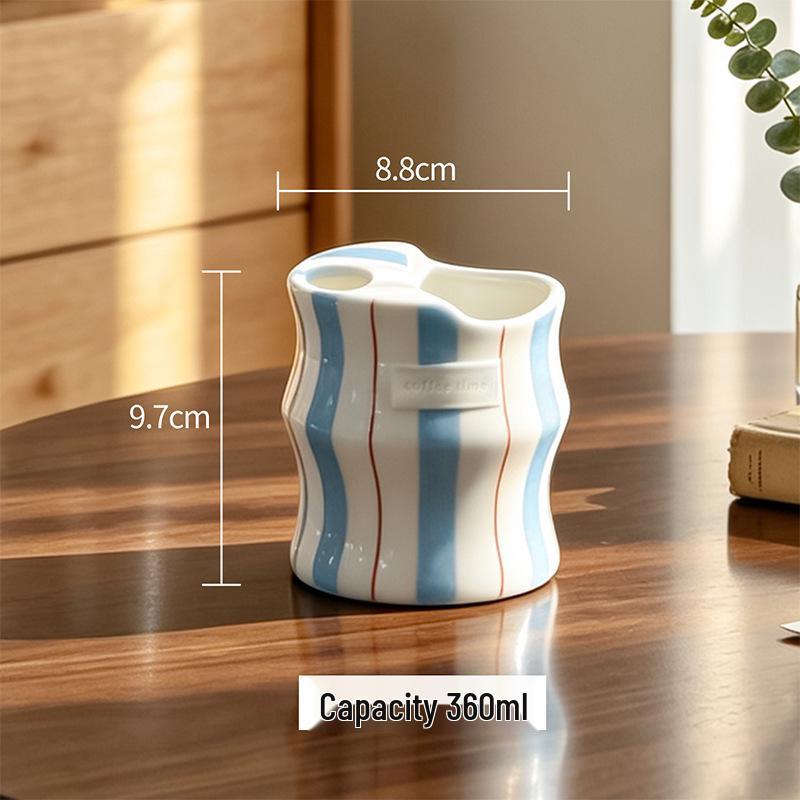 Ceramic Hand-Painted Striped Coffee Mug with Straw