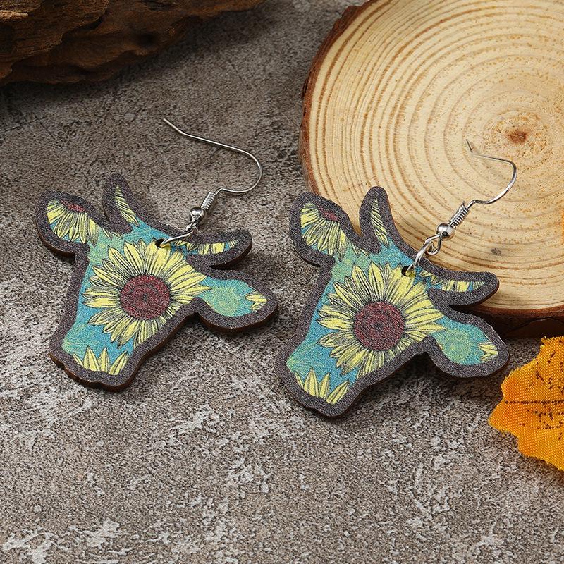 Stylish Leopard & Cow Print Bull Head Wood Earrings Set