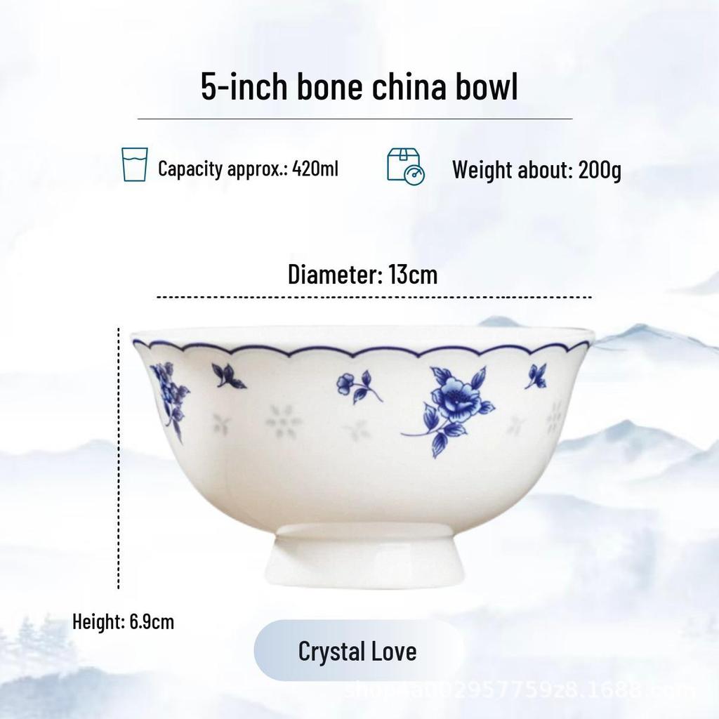 Blue and White High-Foot Bone China Noodle Bowl - Chinese-Style, Anti-Scald, Customizable for Birthdays