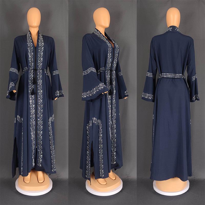 Arabian Style Long Sleeve Bell Bottom Dress Cardigan Robe Large Size Women's Fashionable Casual Geometric Patterned Gown