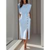 Women's Round Neck Sleeveless Solid Color Midi Dress Slim Fit High Waist Elegant Office Work Dress With Buttons Slit