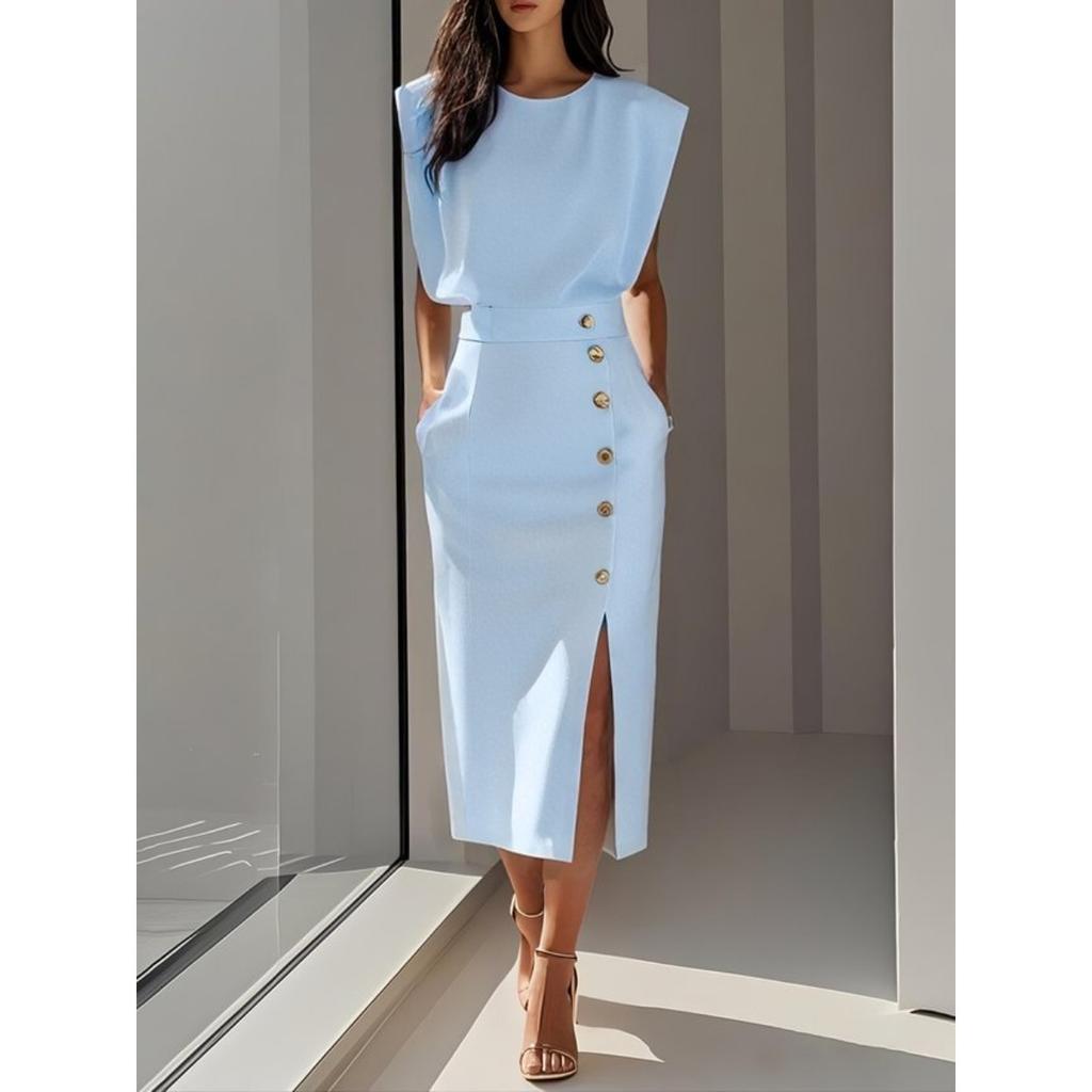 Women's Round Neck Sleeveless Solid Color Midi Dress Slim Fit High Waist Elegant Office Work Dress With Buttons Slit