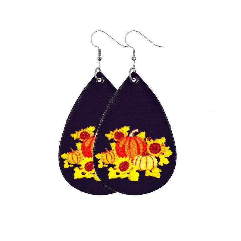 Fall Thanksgiving Earrings Leather Pumpkin Leaf Shape Leather Earrings