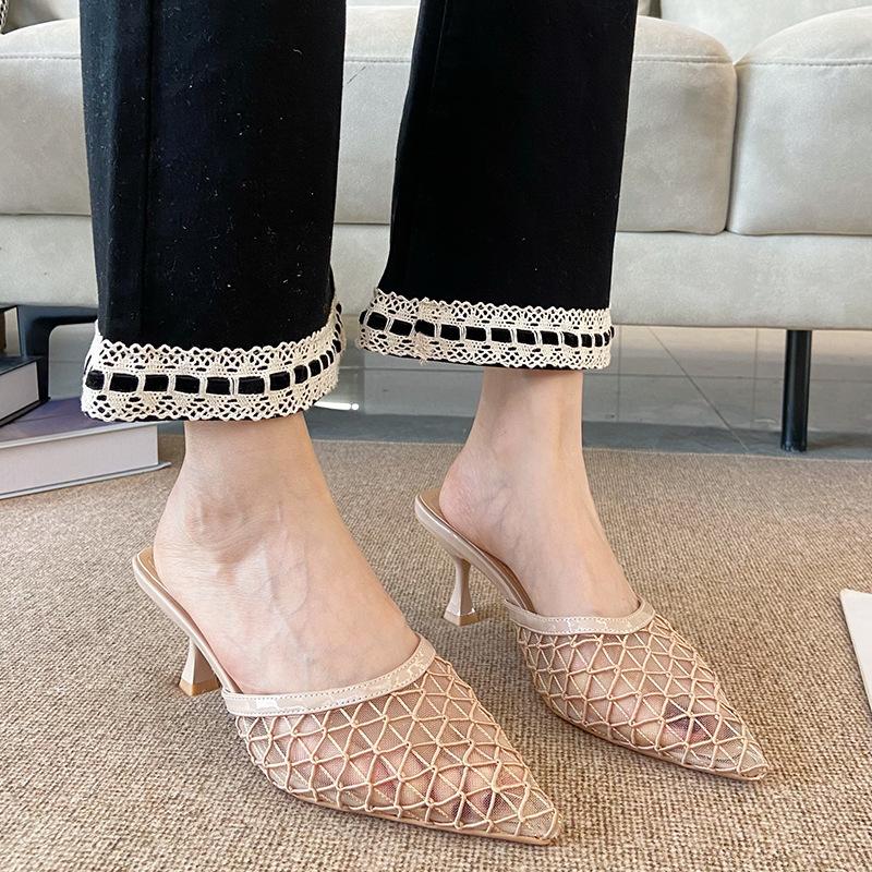 912-W1 Skinny Back Space 2025 Summer New Breathable Hollow Point Thin Heel Wear Mesh Low Heel Sandals Women