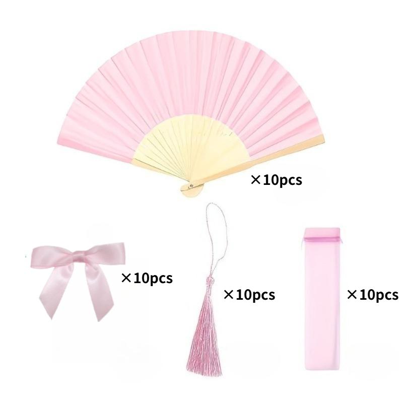 

10/20/30set Wedding Fan Set with Transparent Tulle Bags Pink Bow & Tassel Folding Fans for Wedding Favors Bridesmaid Photo Props