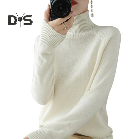 Women Sweater High Collar Long Sleeve Ribbed Trim Knitting Tops Solid Color Loose Fit Thickened Bottoming Tops