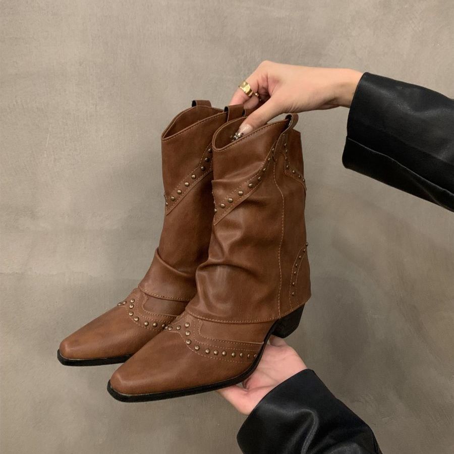 Coarse heel pointed western cowboy boots women's boots 2025 new thin short boots spring and autumn single boots brown Martin boots