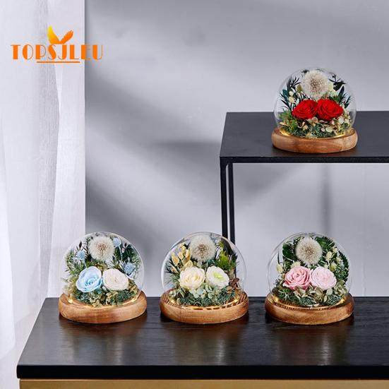 Capac din sticlă cu flori de păpădie veșnică, bază din lemn, cupolă din sticlă infinită păstrată de păpădie, soție iubita soție cadou de Ziua Îndrăgostiților