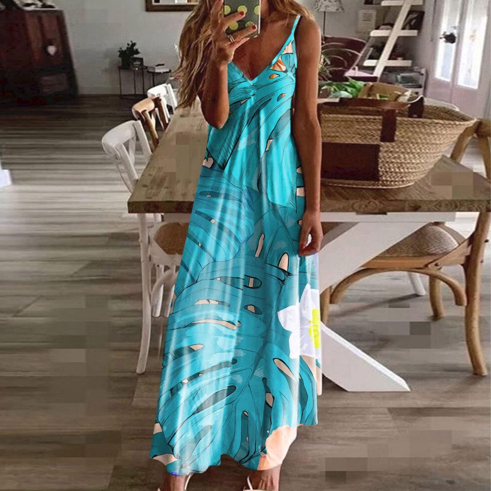 

Повсякденна модна жіноча слінгова приталена довга сукня без рукавів із принтом M синій