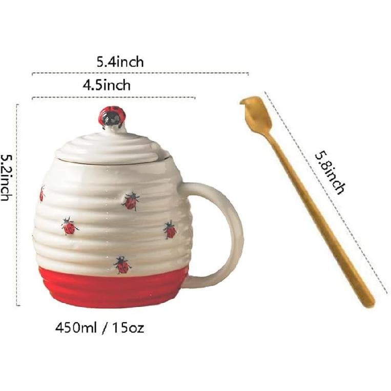 123Arts Ceramic Mug, Ladybug Coffee Mug with Spoon and Lid, Stripe Relief Cup, Water Cup