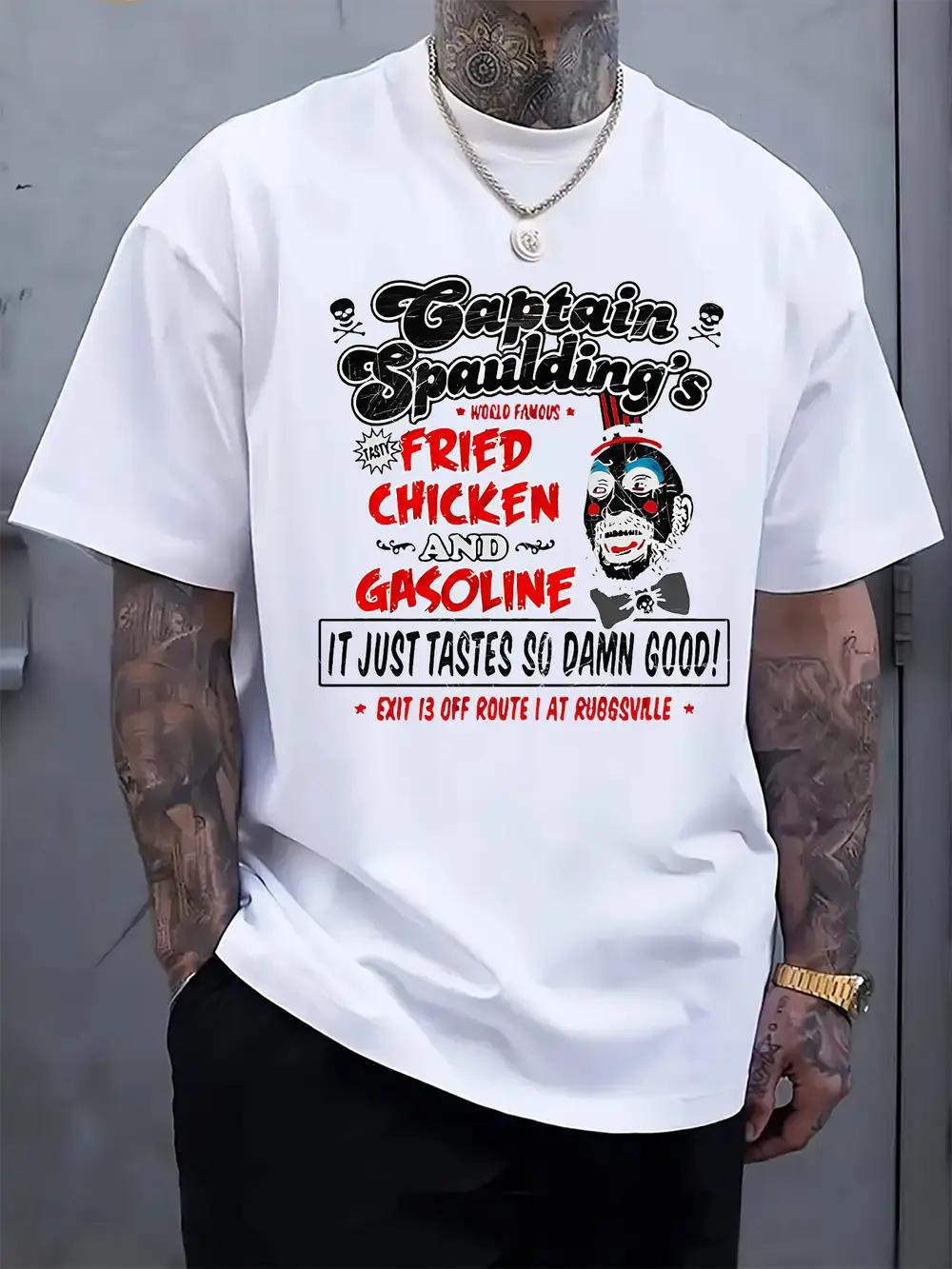 Casual Crew Neck T-shirt with Captain Spaulding S Fried Chicken and Gasoline Print XXL