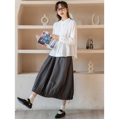 Autumn Retro Gray Skirt Design Sense Simple Small Bud-shaped Pleated Umbrella Skirt