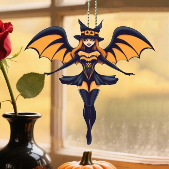 

Halloween Car Rearview Mirror Charm Cartoon Bat/Cat/Ghost/Witch Acrylic Pendant 2D Flat Auto Interior Accessories for Cat Backpack Phone A