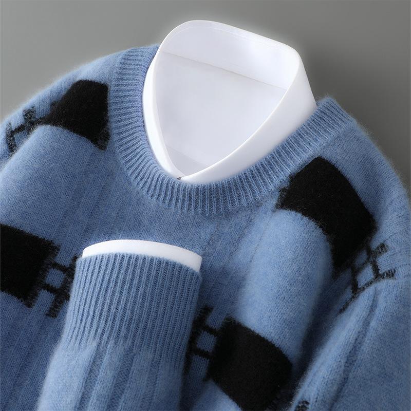 Pánský podzimní a zimní stylový všestranný pruhovaný kardigan s barevnými bloky a kulatým výstřihem, základní top z kašmírové pleteniny, pohodlný a teplý svetr