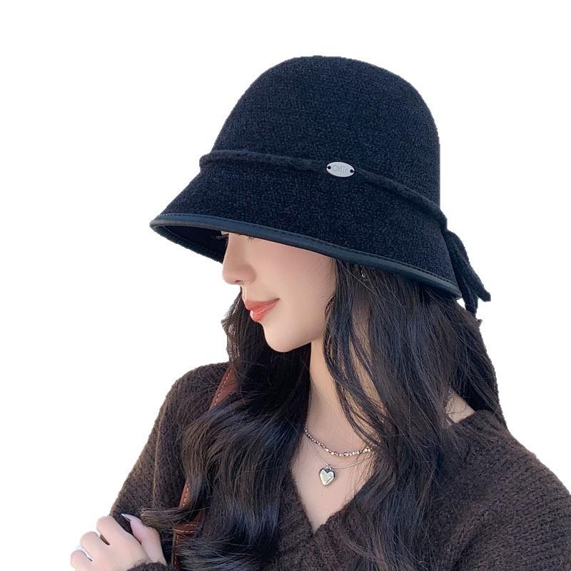 Autumn And Winter Knitted Bucket Hat, Bucket Hat, Top Hat, Small Face, Warm Basin Hat, Bow Versatile Personality