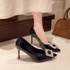 Patent Leather Stiletto Single Shoes Women's Pointed Toe Shallow Mouth Crystal Buckle Slip High Heels