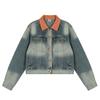 2025 Autumn Color Block Washed Denim Jacket with Turn-Down Collar