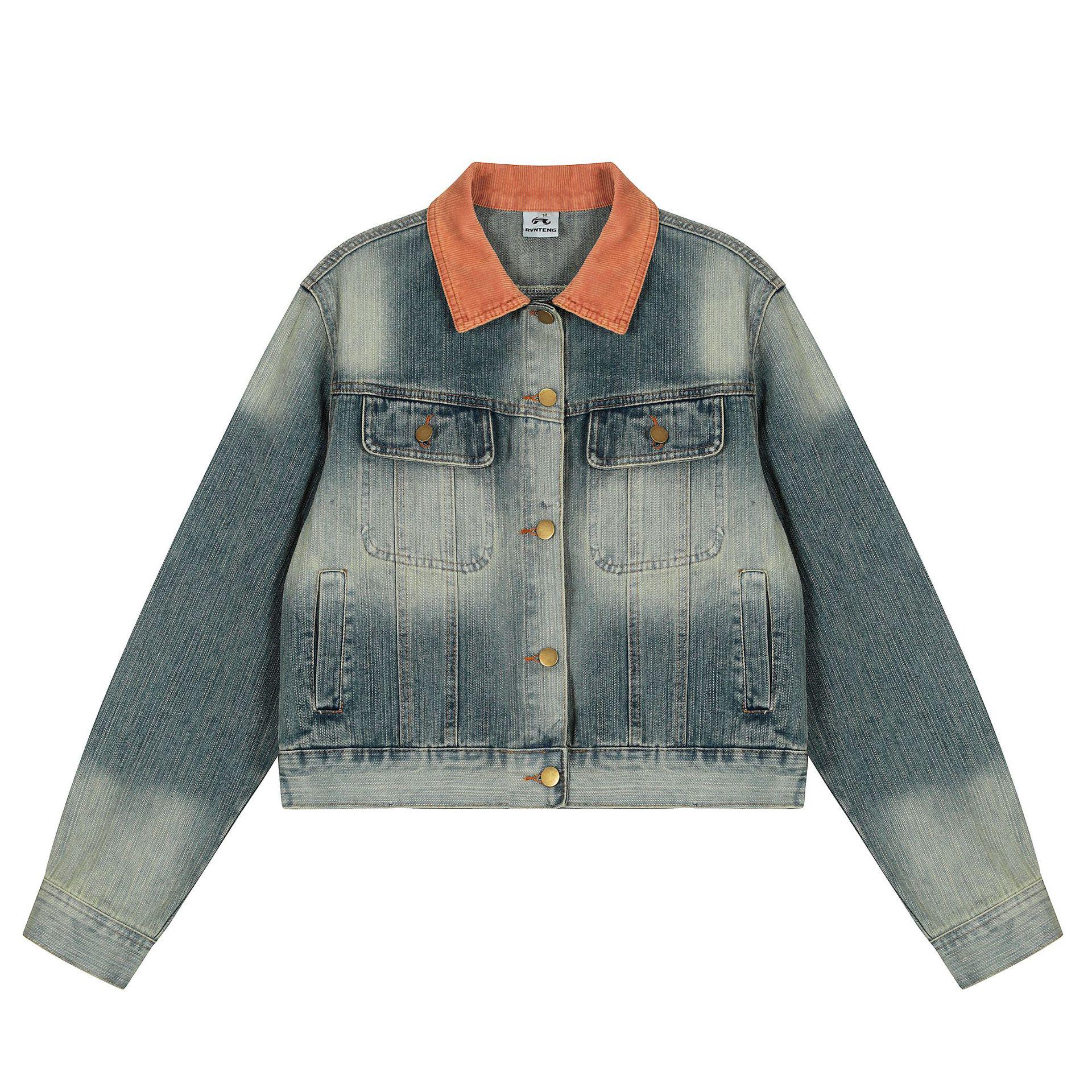 

2025 Autumn Color Block Washed Denim Jacket with Turn-Down Collar Medium синій