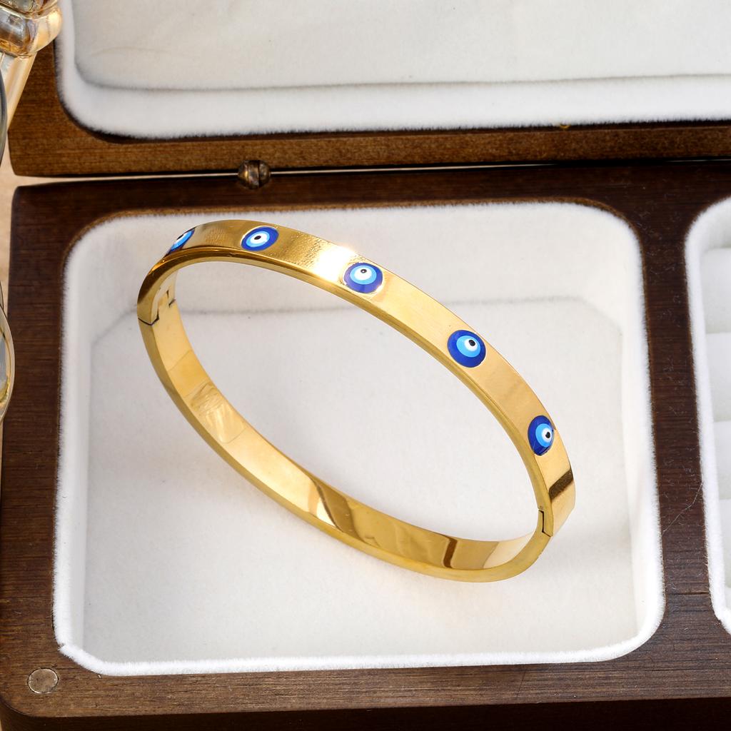 Blue Turkish Eyes Drip-Oil Gold PVD Plated Bangles Waterproof Stainless Steel Hard Bracelets for Female Girl Wrist Jewelry Gifts