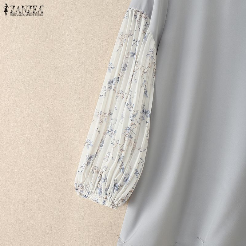 ZANZEA Women Elegant Floral Splice 3/4 Sleeve Loose Casual Crew Neck Blouse