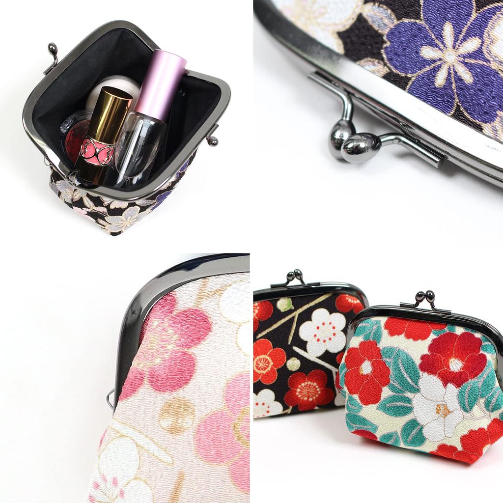 Komon Kobo 3.6-inch Puffy Clasp Pouch with Weeping Plum Blossom Design (Pink) - Futago Chirimen, Kyoto, Wa KOMONO, Edo Komon Pattern, 0217