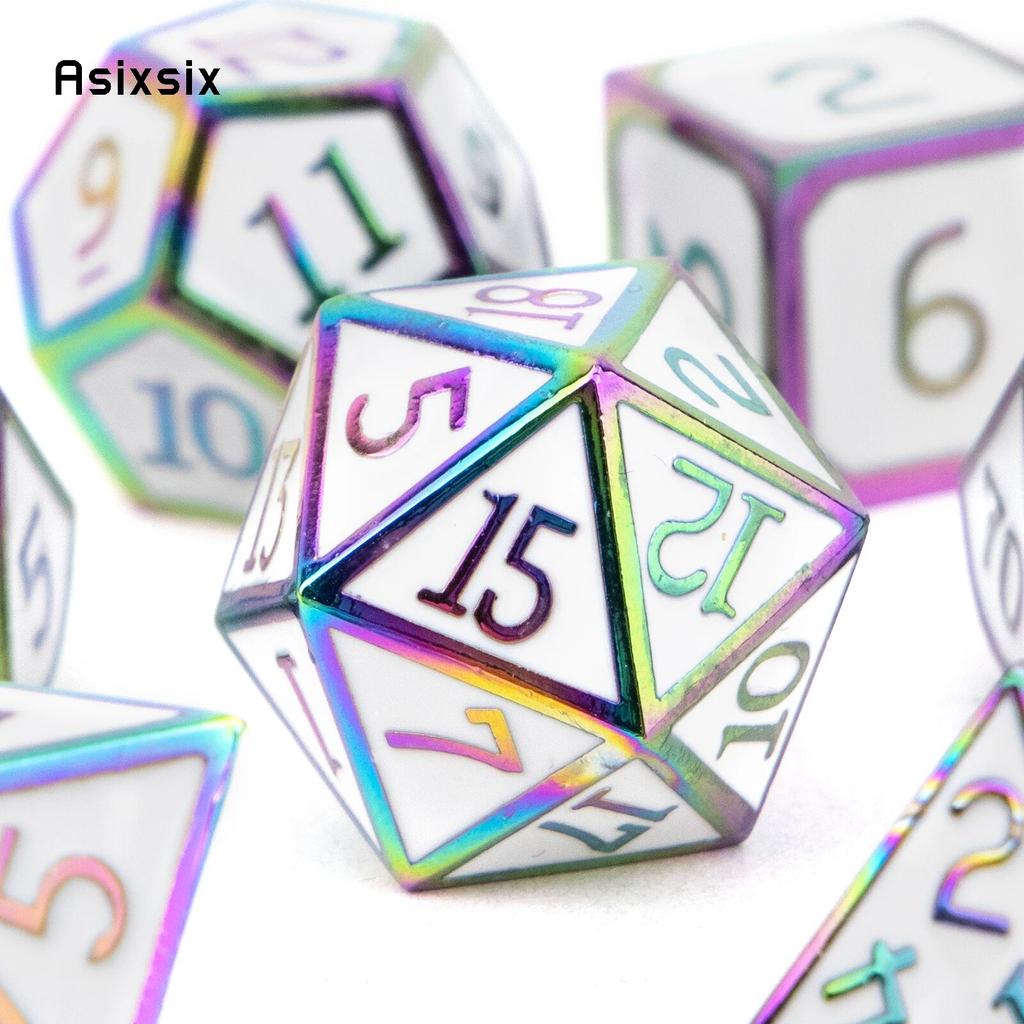 7 Pcs White Colorful Standard Metal Dice Solid Metal Polyhedral Dice Set Suitable for Role-Playing RPG  Board Game Card Game