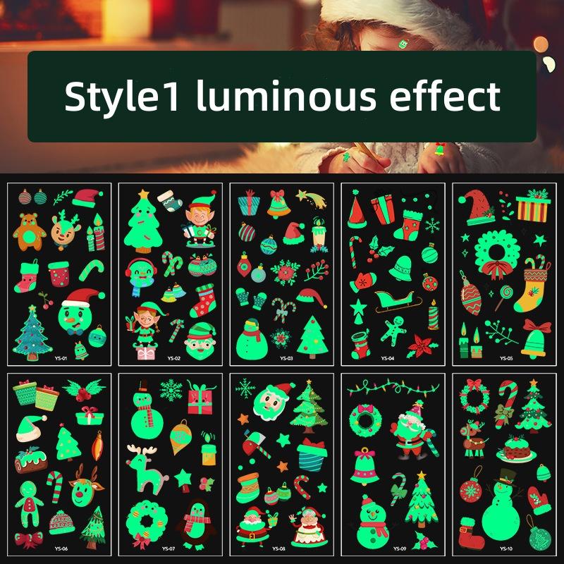 10pcs Luminous Tattoo Stickers Christmas Theme Waterproof Temporary Tattoo Santa Reindeer Tree Candy Design Holiday Makeup Decor